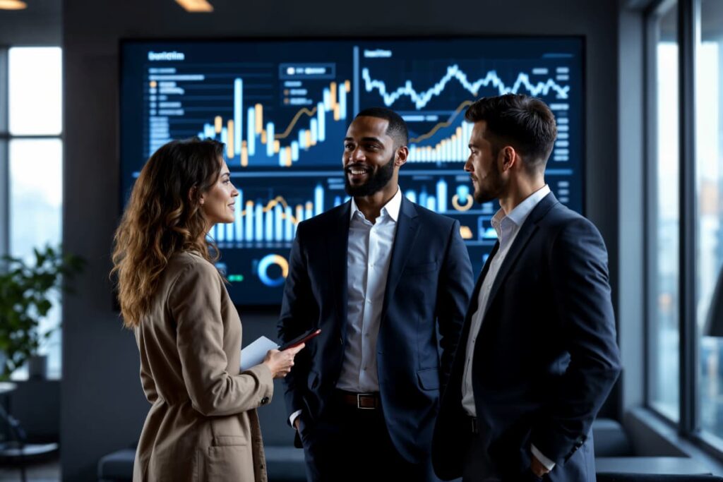Executivos discutindo gráficos financeiros, ilustrando diferentes estratégias conforme o perfil de investidor.