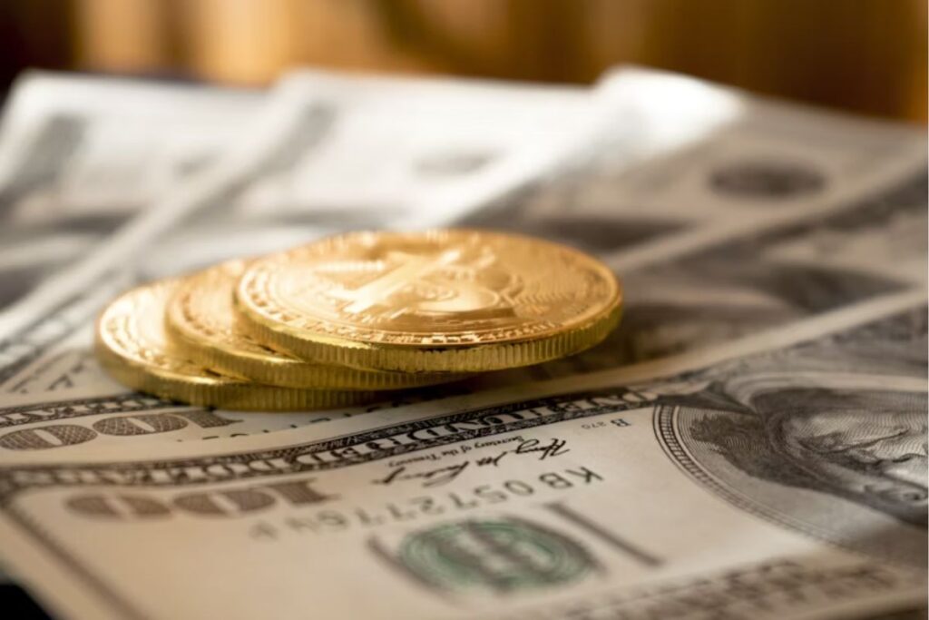 A imagem representa visualmente o núcleo simbólico da Operação Delta USD Vault: a proteção estratégica e a valorização de capital por meio de ativos sólidos e diversificados, unindo o melhor do sistema financeiro tradicional (USD) ao universo cripto (Bitcoin).