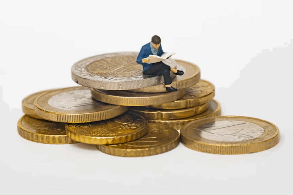 A imagem mostra uma pilha de moedas com uma pequena figura humana (miniatura) sentada sobre uma das moedas, lendo um jornal ou livro. A cena transmite a ideia de observação, planejamento ou análise financeira em um contexto simbólico e lúdico.