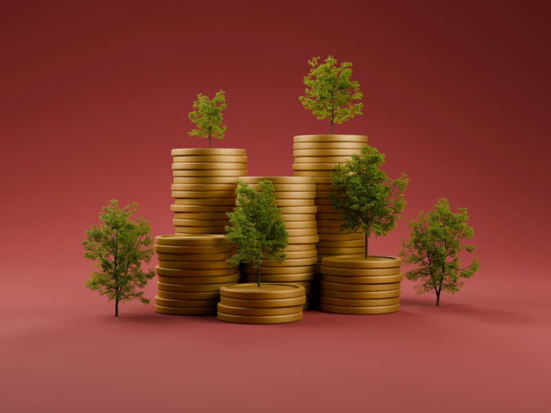 A imagem mostra várias pilhas de moedas douradas organizadas em diferentes alturas, com pequenas árvores verdes crescendo sobre elas. O fundo é de um tom avermelhado, criando um contraste elegante com o dourado das moedas e o verde das árvores.