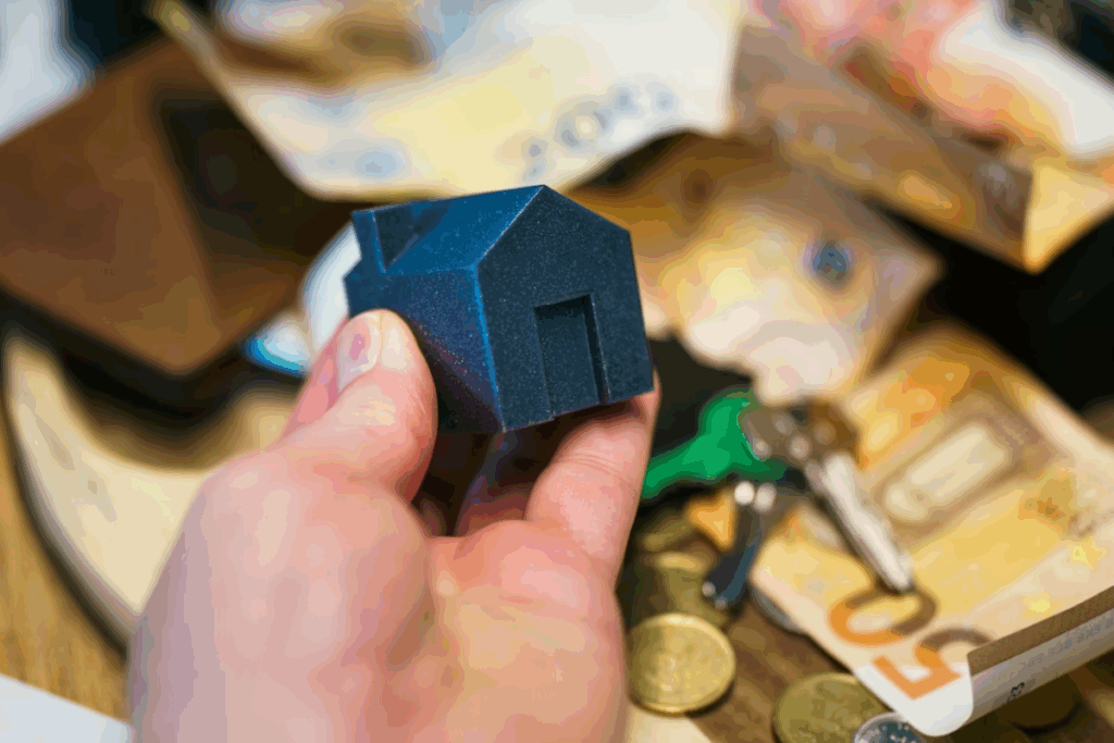 A imagem mostra uma mão segurando uma pequena casa em miniatura, simbolizando um imóvel. Ao fundo, estão espalhadas notas de euro, moedas e um chaveiro com chaves, reforçando o tema de finanças, investimentos ou propriedade.