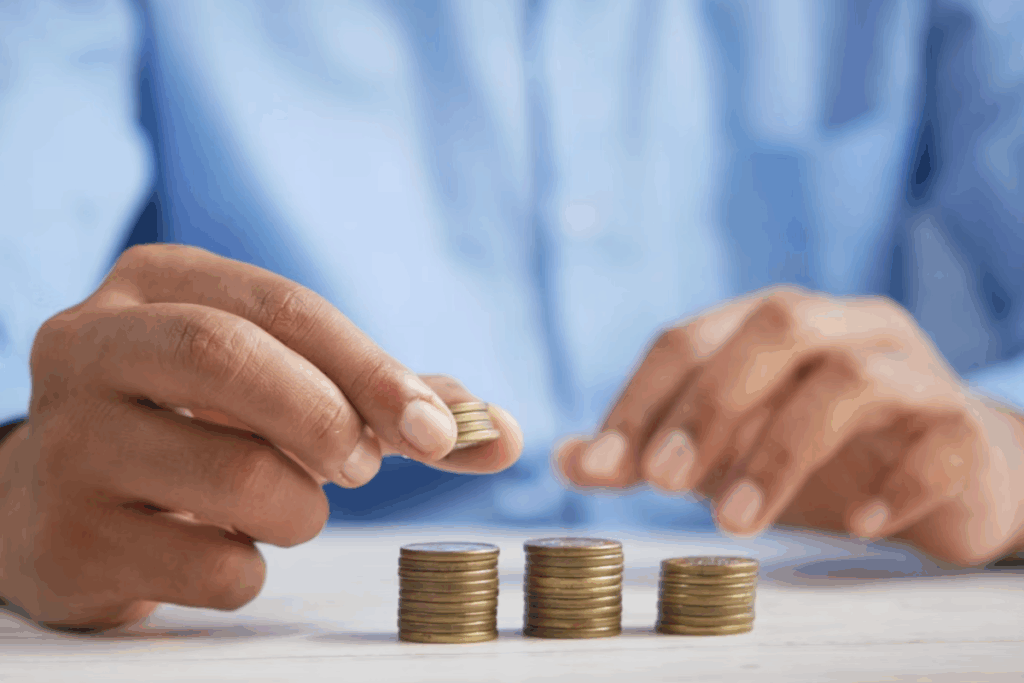 Pessoa empilhando moedas sobre uma mesa, representando planejamento financeiro e crescimento de investimentos.