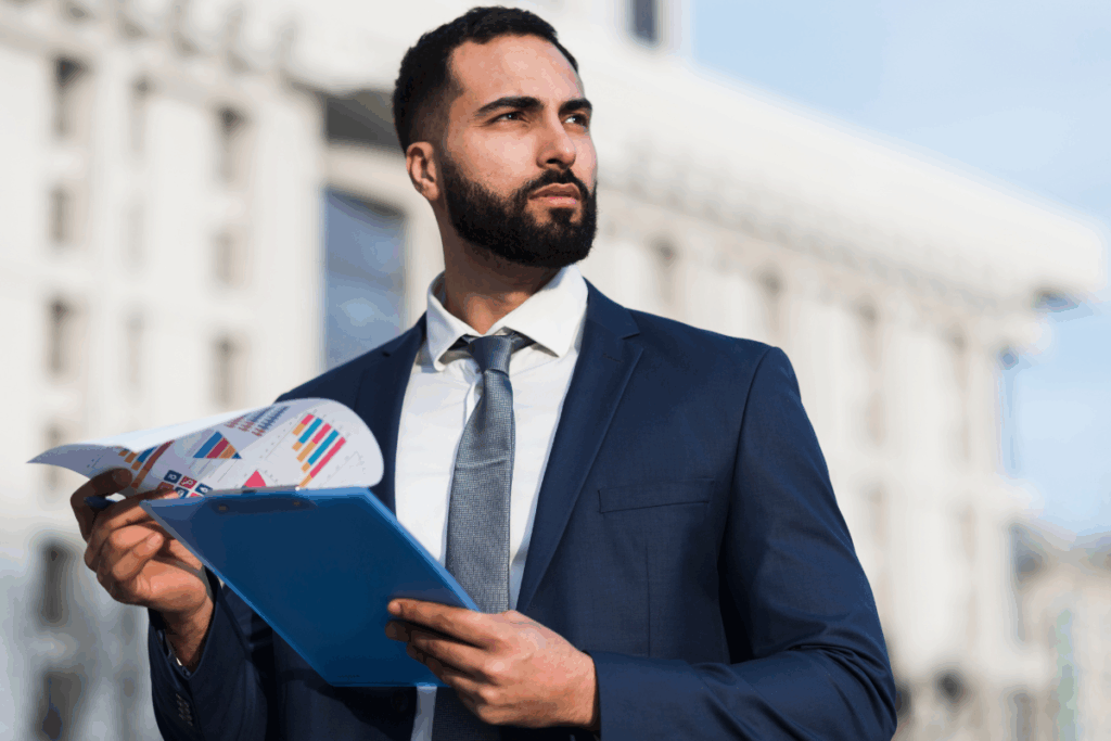 Homem de negócios analisando investimentos em uma prancheta, simbolizando planejamento financeiro e avaliação de perfil de investidor.