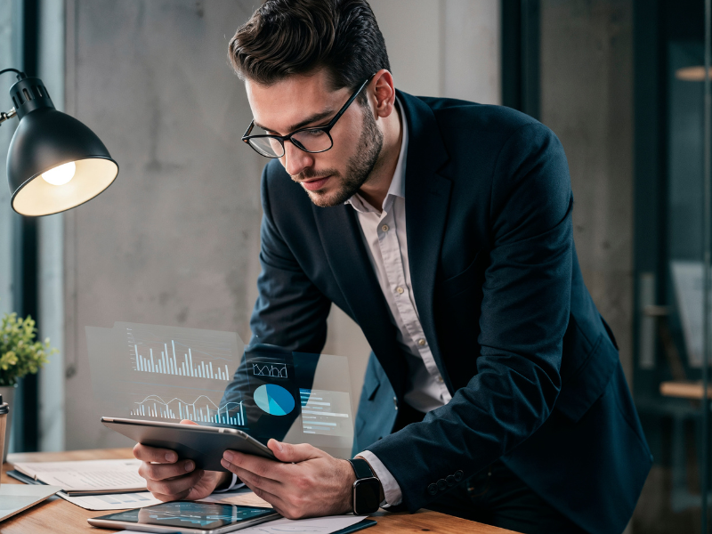 A imagem mostra um homem de terno e óculos analisando gráficos digitais projetados acima de um tablet.
