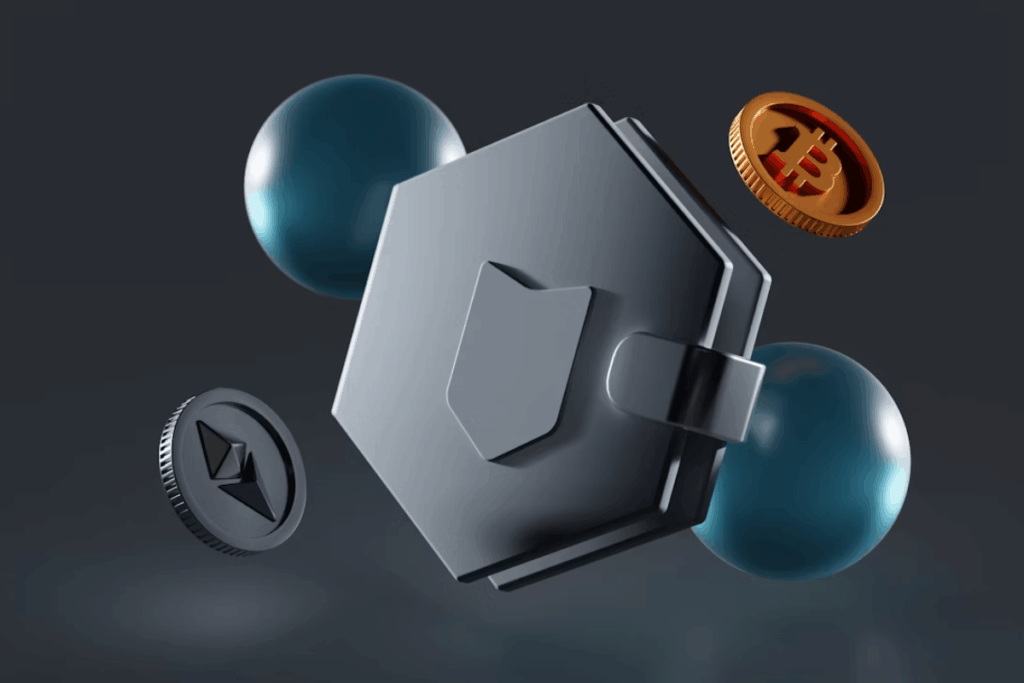 Objeto metálico com um Bitcoin emergindo, simbolizando mineração e extração de criptomoedas.