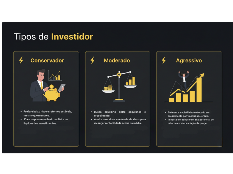 A imagem é um slide de apresentação com o título "Tipos de Investidor", que categoriza e descreve três perfis principais de investidores. O design é escuro, profissional e usa ícones relacionados a finanças.