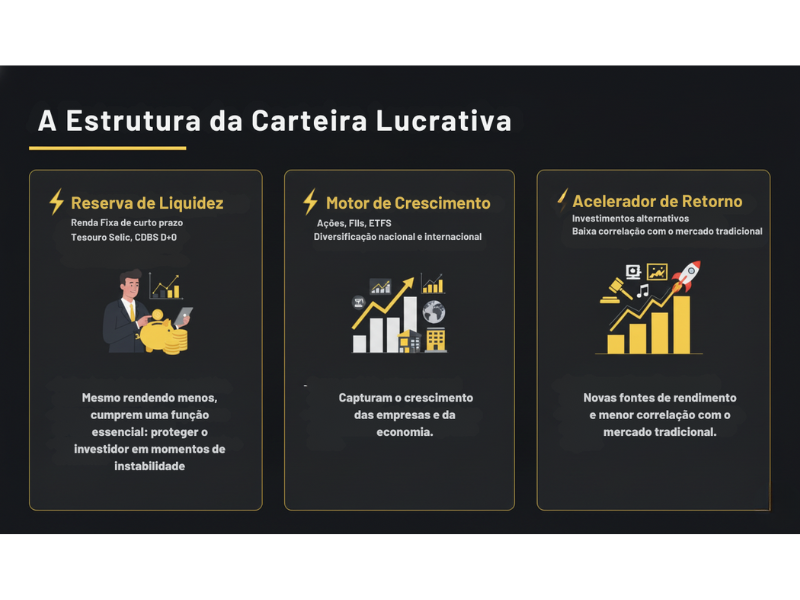 A imagem é um slide de apresentação com o título "A Estrutura da Carteira Lucrativa", que apresenta uma abordagem de alocação de ativos, dividida em três pilares funcionais. O design é escuro, com ilustrações em amarelo e texto em branco.