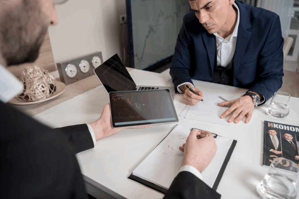 A imagem retrata uma reunião de consultoria financeira ou de investimentos entre dois profissionais em um ambiente de escritório ou sala de reunião bem organizada.
