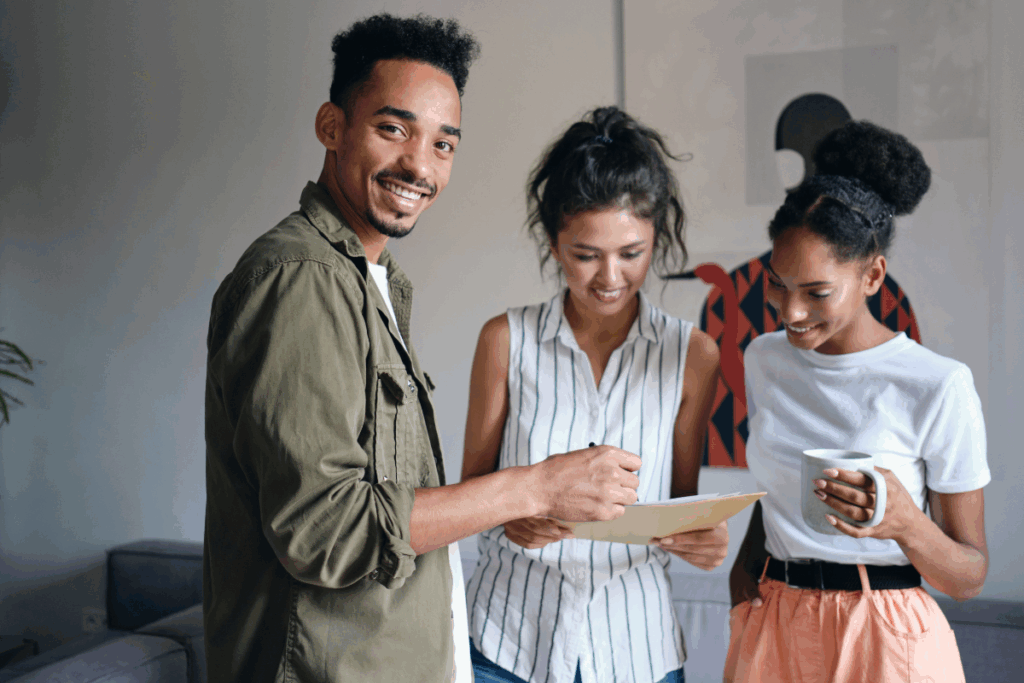 Jovem investidor, sorrindo e concentrado em frente ao notebook, representando a nova geração que usa a tecnologia blockchain e a tokenização de ativos para diversificar sua carteira em um escritório moderno.